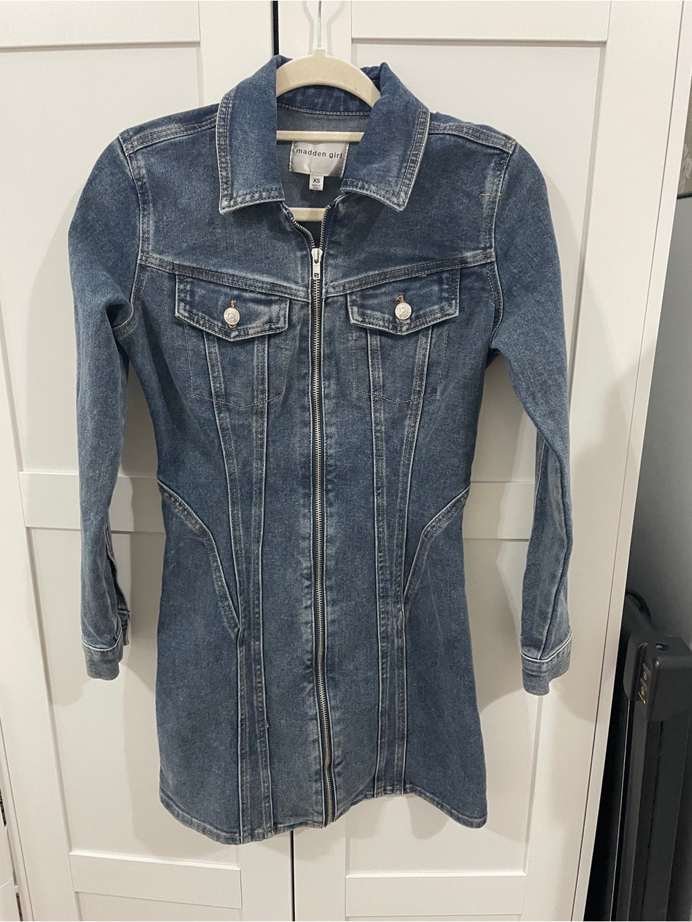 Madden Girl Blue Denim Zip-Up Long Sleeve Dress Sz XS Stretchy Y2k Style